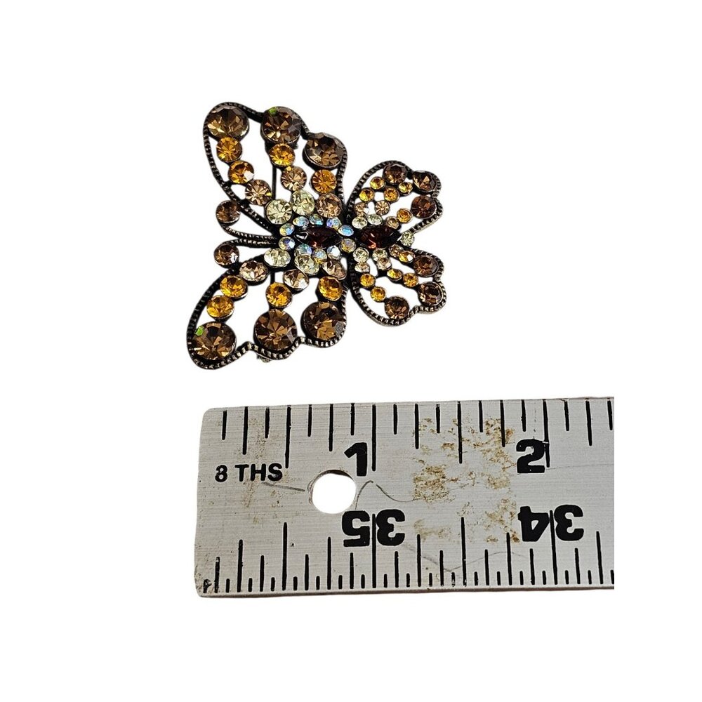 Vintage Butterfly Brooch Amber Yellow Rhinestone Gold Tone Statement Pin - Picture 6 of 6